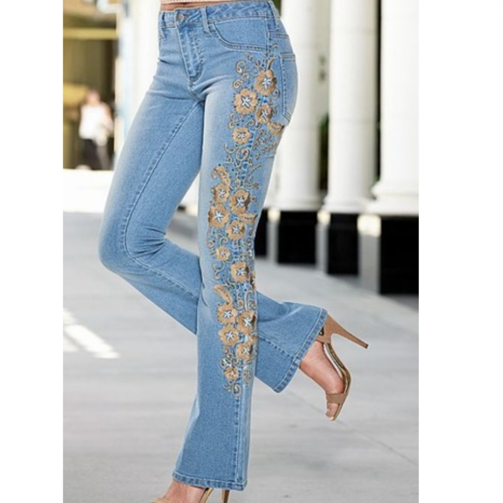 Just fashion now jeans with gold floral embroidery on one side